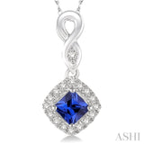 4x4 MM Cushion Shape Sapphire and 1/10 ctw Round Cut Diamond Pendant in 14K White Gold with Chain