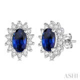 5x3 MM Oval Cut Center Sapphire and 1/5 Ctw Round Cut Diamond Sunflower Precious Earrings in 10K White Gold