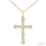 1/3 Ctw Floral Cross Fusion Baguette and Round Cut Diamond Fashion Pendant With Chain in 14K Yellow Gold