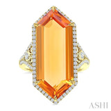 26X10 MM Evoque Gemstone Hexagon Shape Citrine and 1/2 Ctw Round Cut Diamond Halo Semi-Precious Ring in 14K Yellow Gold