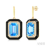 12x8 MM Emerald Cut Blue Topaz and 1/3 Ctw Round Cut Diamond Halo & Black Enamel Border Semi-Precious Earrings in 14K Yellow Gold