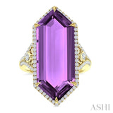 26X10 MM Evoque Gemstones Hexagon Shape Amethyst and 1/2 Ctw Round Cut Diamond Halo Semi-Precious Ring in 14K Yellow Gold