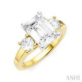 1/2 Ctw Tri-Mount Emerald Shape Center Round Cut Diamond Semi Mount Engagement Ring in 14K Yellow and White Gold