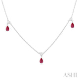 5X3 MM Pear Shape Ruby and 1/4 Ctw Round Cut Diamonds Precious Station Necklace in 14K White Gold