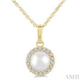 5 MM Cultured White Pearl and 1/20 Ctw Round Cut Diamond Halo Pendant With Chain in 14K Yellow Gold