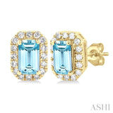 5x3 MM Octagonal Shape Aquamarine and 1/8 ctw Single Cut Diamond Halo Semi Precious Stud Earrings in 14K Yellow Gold