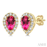 5x3 MM Pear Shape Pink Tourmaline and 1/8 ctw Single Cut Diamond Halo Semi Precious Stud Earrings in 14K Yellow Gold