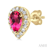 5x3 MM Pear Shape Pink Tourmaline and 1/8 ctw Single Cut Diamond Halo Semi Precious Stud Earrings in 14K Yellow Gold