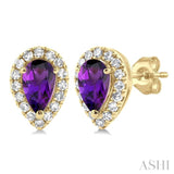 5x3 MM Pear Shape Amethyst and 1/8 ctw Single Cut Diamond Halo Semi Precious Stud Earrings in 10K Yellow Gold