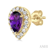 5x3 MM Pear Shape Amethyst and 1/8 ctw Single Cut Diamond Halo Semi Precious Stud Earrings in 10K Yellow Gold
