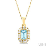 5x3 MM Octagonal Shape Aquamarine and 1/20 ctw Single Cut Diamond Halo Semi Precious Pendant with Chain in 14K Yellow Gold