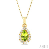 5x3 MM Pear Shape Peridot and 1/20 ctw Single Cut Diamond Halo Semi Precious Pendant with Chain in 14K Yellow Gold