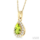 5x3 MM Pear Shape Peridot and 1/20 ctw Single Cut Diamond Halo Semi Precious Pendant with Chain in 14K Yellow Gold