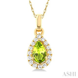 5x3 MM Pear Shape Peridot and 1/20 ctw Single Cut Diamond Halo Semi Precious Pendant with Chain in 14K Yellow Gold