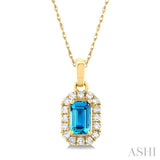 5x3 MM Octagonal Shape Blue Topaz and 1/20 ctw Single Cut Diamond Halo Semi Precious Pendant with Chain in 10K Yellow Gold