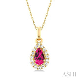 5x3 MM Pear Shape Pink Tourmaline and 1/20 ctw Single Cut Diamond Halo Semi Precious Pendant with Chain in 10K Yellow Gold