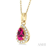 5x3 MM Pear Shape Pink Tourmaline and 1/20 ctw Single Cut Diamond Halo Semi Precious Pendant with Chain in 10K Yellow Gold