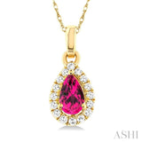 5x3 MM Pear Shape Pink Tourmaline and 1/20 ctw Single Cut Diamond Halo Semi Precious Pendant with Chain in 10K Yellow Gold