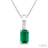 5X3 MM Octagon Shape Emerald Precious Solitaire Pendant With Chain in 14K White Gold
