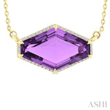 16X10 MM Evoque Gemstones Hexagon Shape Amethyst and 1/10 Ctw Round Cut Diamond Halo Semi-Precious Pendant With Chain in 14K Yellow Gold
