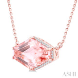 16X10 MM Evoque Gemstones Hexagon Shape Morganite and 1/10 Ctw Round Cut Diamond Halo Semi-Precious Pendant With Chain in 14K Rose Gold