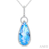 22X10 MM Evoque Gemstones Pear Shape Blue Topaz and 1/3 Ctw Round Cut Diamond Halo Semi-Precious Pendant With Chain in 14K White Gold