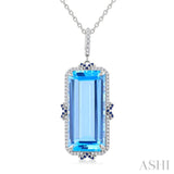 22X10 MM Evoque Gemstones Emerald Shape Blue Topaz and .80 MM Sapphire & 1/5 Ctw Round Diamond Halo Semi-Precious Pendant With Chain in 14K White Gold