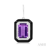 12x8 MM Emerald Cut Amethyst and 1/3 ctw Round Cut Diamond Halo & Black Enamel Border Semi Precious Earrings in 14K White Gold