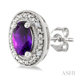 6X4 MM Oval Shape Amethyst and 1/50 Ctw Round Cut Diamond Semi-Precious Earrings in Sterling Silver