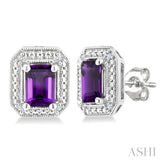6X4 MM Octagon Shape Amethyst and 1/50 Ctw Round Cut Diamond Semi-Precious Earrings in Sterling Silver
