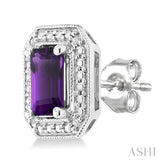 6X4 MM Octagon Shape Amethyst and 1/50 Ctw Round Cut Diamond Semi-Precious Earrings in Sterling Silver