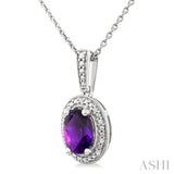 7X5 MM Oval Shape Amethyst and 1/50 Ctw Round Cut Diamond Semi-precious Pendant With Chain in Sterling Silver