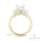 Bridal 3-Stone Diamond Pear Semi-Mount Engagement Ring With Round Side Diamonds in Yellow and White Gold
