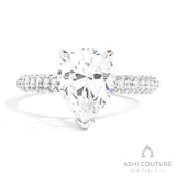 Bridal 3-Row Pave Pear Semi-Mount Engagement Ring in White Gold
