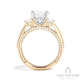 Bridal 3-Stone Emerald Semi-Mount Engagement Ring With Round Side Diamonds in Yellow and White Gold