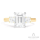 Bridal 3-Stone Emerald Semi-Mount Engagement Ring With Round Side Diamonds in Yellow and White Gold
