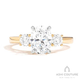 Bridal 3-Stone Oval Semi-Mount Engagement Ring With Round Side Diamonds in Yellow and White Gold