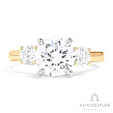 Bridal 3-Stone Round Semi-Mount Engagement Ring With Round Side Diamonds in Yellow and White Gold