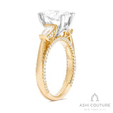 Bridal 3-Stone Oval Semi-Mount Engagement Ring With Tapered Baguette Side Diamonds in Yellow and White Gold