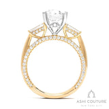Bridal 3-Stone Oval Semi-Mount Engagement Ring With Tapered Baguette Side Diamonds in Yellow and White Gold