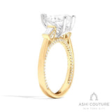 Bridal 3-Stone Pear Semi-Mount Engagement Ring With Tapered Baguette Side Diamonds in Yellow and White Gold