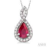 6x4MM Pear Shape Ruby and 1/10 Ctw Round Cut Diamond Pendant in 14K White Gold with Chain