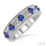 2.5 mm Princess Cut Sapphire and 1/6 Ctw Round Cut Diamond Band in 14K White Gold