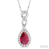 6x4 MM Pear Shape Ruby and 1/10 Ctw Round Cut Diamond Pendant in 14K White Gold with Chain