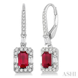 5x3 MM Octagon Cut Ruby and 1/2 Ctw Round Cut Diamond Earrings in 14K White Gold