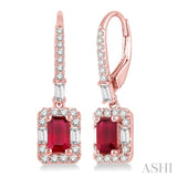 5x3 MM Octagon Cut Ruby and 1/2 Ctw Round Cut Diamond Earrings in 14K Rose Gold
