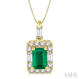 6x4 MM Octagon Cut Emerald and 1/3 Ctw Round Cut Diamond Pendant in 14K Yellow Gold with Chain