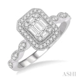 3/8 Ctw Octagonal Center Marquise Shank Round Cut and Baguette Diamond Ring in 14K White Gold