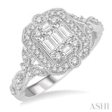 5/8 Ctw Intricate lattice Round Cut and Baguette Diamond Ring in 14K White Gold