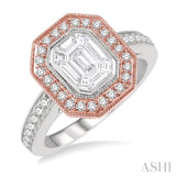 1 Ctw Fusion Emerald Cut Two Tone Diamond Ring in 14K White and Rose Gold